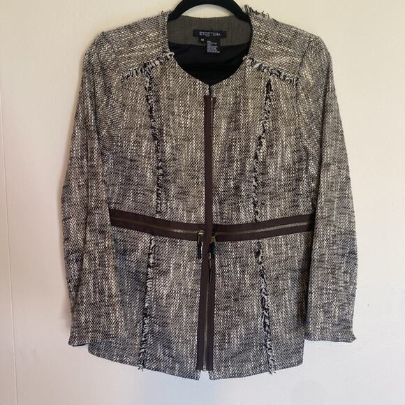 NWOT Etcetera Women's Brown and White Tweed Jacket Zipper Details Size 10 - Picture 1 of 15